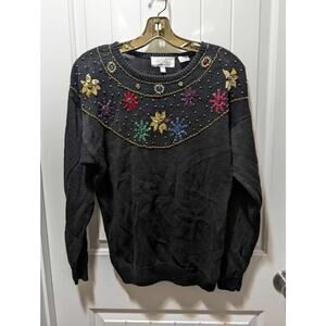 Vintage Silvercord Sweater Womens M Beaded Jewell Ornate Floral Black Christmas